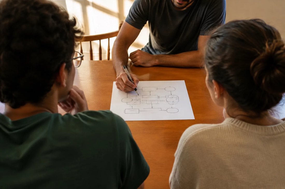 Duas pessoas diante de um quadro branco com um mapa de argumento desenhado à mão
