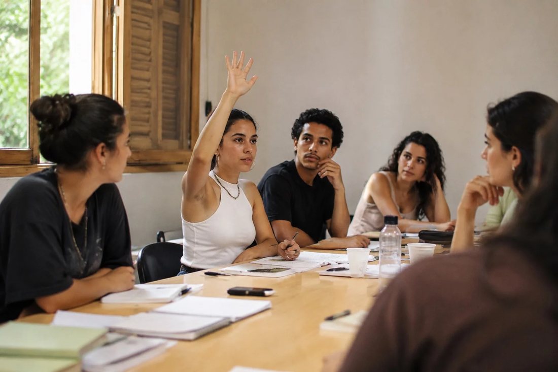 Participante levantando a mão em uma mesa de seminário coberta de anotações
